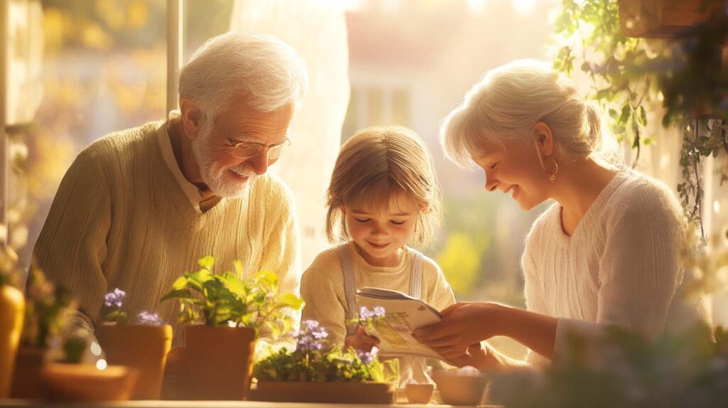 Concept illustration of grandparents gardening with a grand daughter. Image credit: Nicole Smith, made with Midjourney
