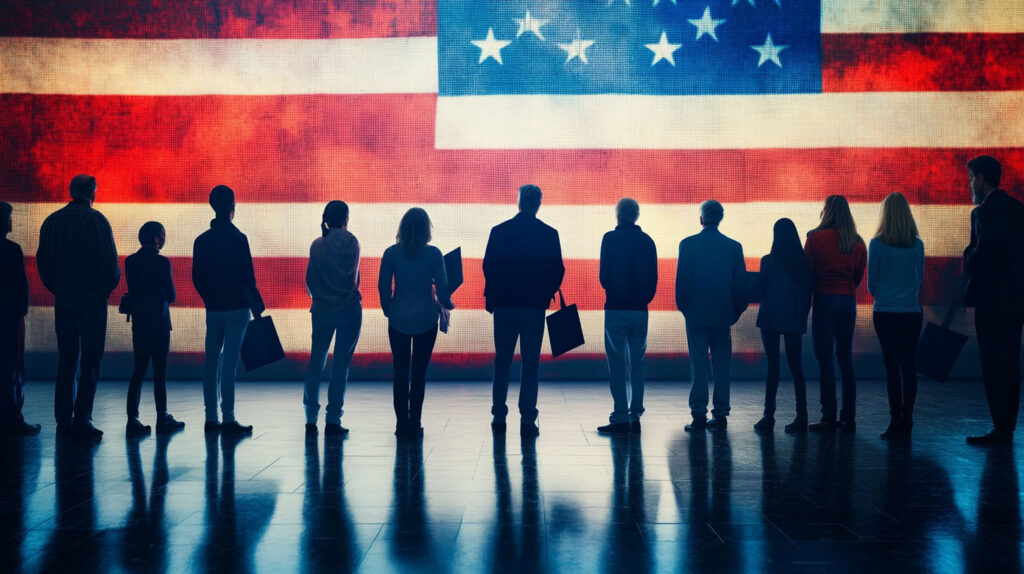 Concept illustration of Americans against an abstract U.S. flag. Image credit: Nicole Smith, made with Midjourney