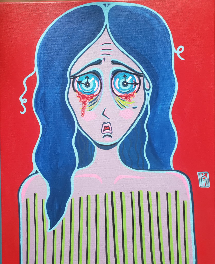 A painting of a worried woman who appears to have blood coming out of her eyes