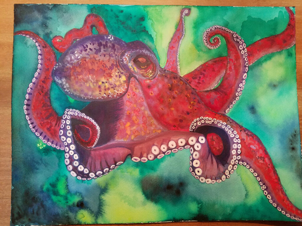 A watercolor painting of a red octopus