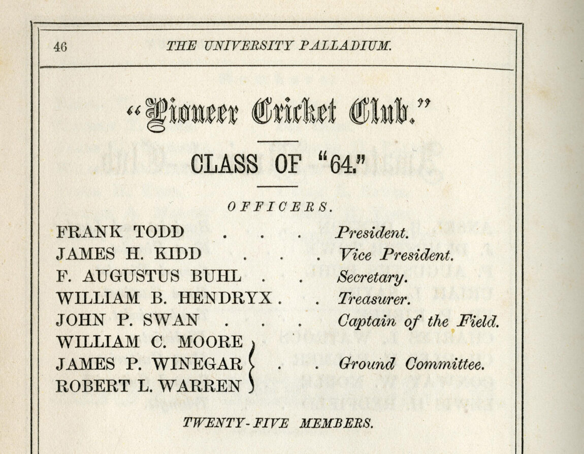 A photo of a list of U-M cricket club members from 1864