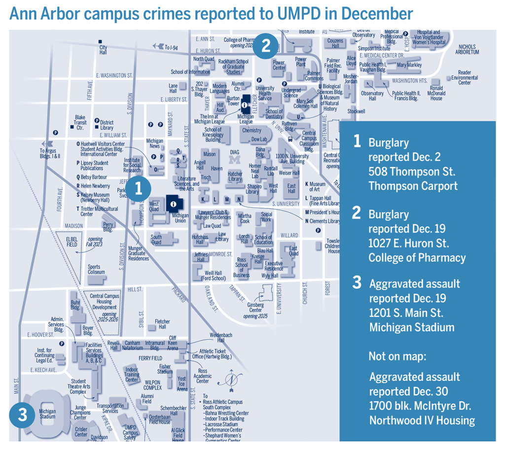 A map of Ann Arbor noting several locations where crimes occurred.