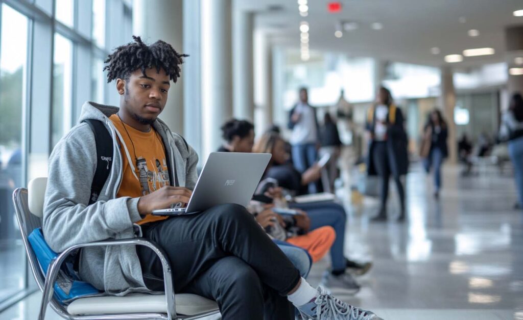 Concept photo of students in a hallway studying. Image credit: Nicole Smith, made with Midjourney