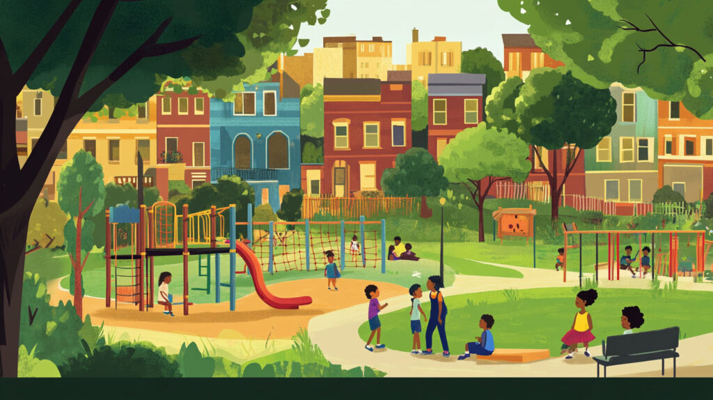 Concept illustration of an urban neighborhood playground filled with children. Image credit: Nicole Smith, made with Midjourney