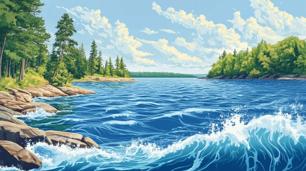 Concept illustration of a large lake surrounded by forests. Image credit: Nicole Smith, made with Midjourney
