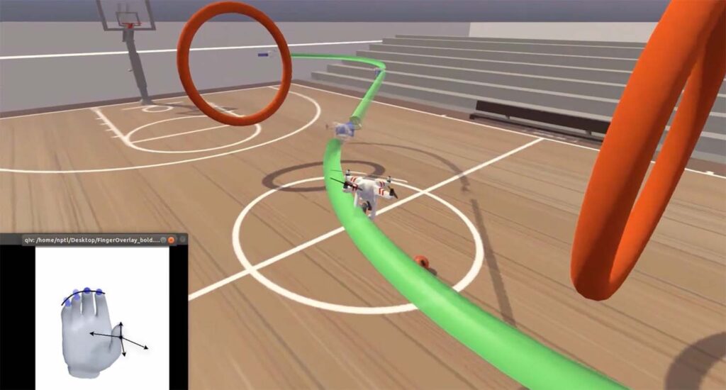 The quadcopter is on a serpentine path around rings that hang in midair over a virtual basketball court. The fingers of the hand are curled in with a line indicating a neutral point for the fingers. Four vectors point away from the thumb: up, down, right and left.
