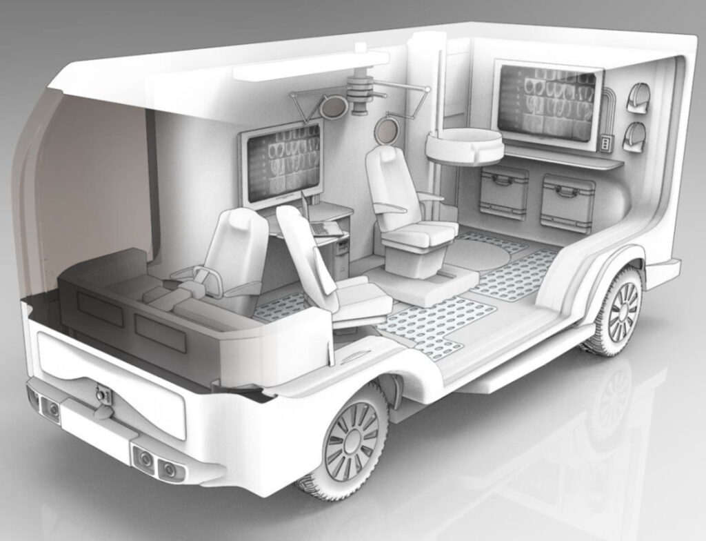An illustration shows a vehicle roughly the size of a shuttle bus equipped with a chair for examinations and procedures, ceiling lights on adjustable arms, cabinets, screens, a desk, and other furnishings similar to a doctor's office.