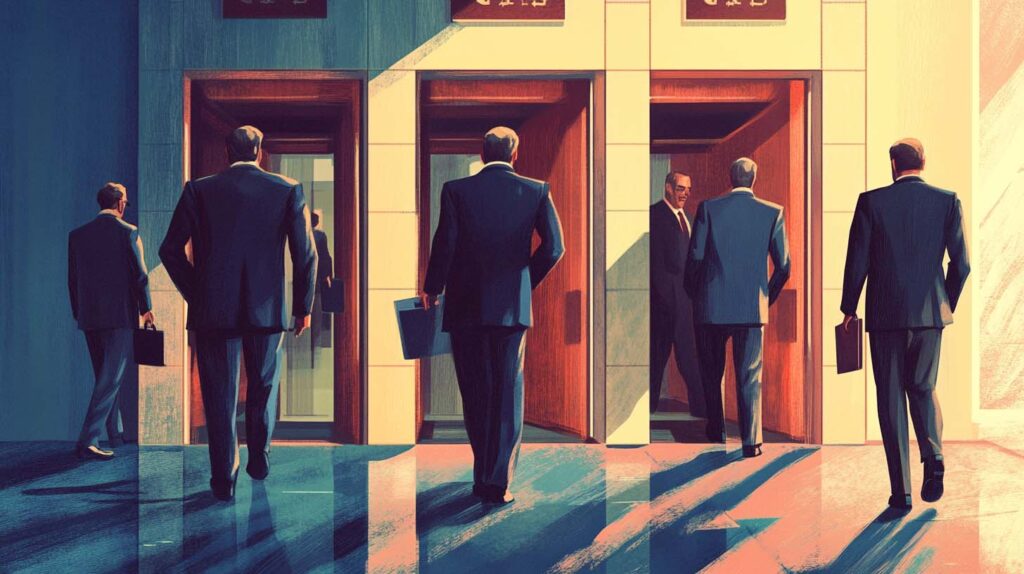 Concept illustration showing bankers walking away. Image credit: Nicole Smith, made with Midjourney