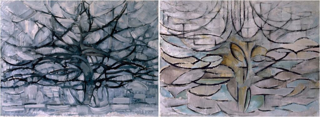 Two Piet Mondrian paintings of the same tree show black brush strokes against a largely gray background. In the left image, a branching tree-like figure is easily discerned. In the right image, with an unnatural branch diameter scaling factor, the lines look more like fish scales or ripples on water.