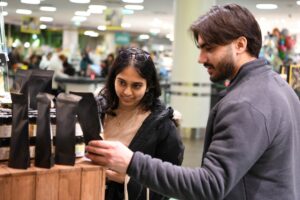 U-M students embark on field trips to grocery stores in Vienna to gather data for their marketing campaigns. In this photo, Hazel Shibu and Abuzer Anwar, Master of Management students at Ross.