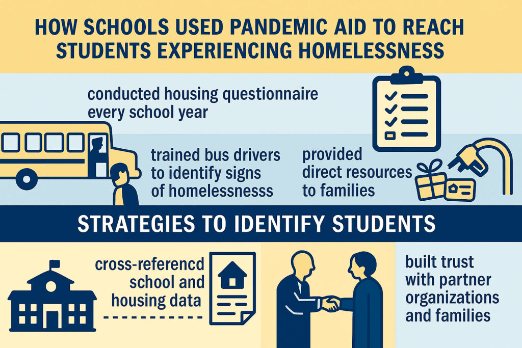 Infographic titled “How Schools Used Pandemic Aid to Reach Students Experiencing Homelessness.” It is divided into four sections with illustrations and descriptions. The strategies shown include: using a housing questionnaire at the start of the school year; training bus drivers to help identify students experiencing homelessness; providing direct resources like gift cards to build trust with families; and collaborating with community partners to improve identification and outreach. The design uses yellow, navy, and light blue tones with simple, flat-style icons. Image credit: Nicole Smith, made in part with ChatGPT