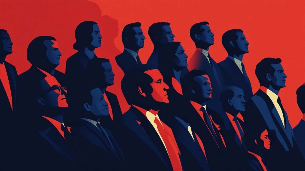 Concept illustration of a group. of silent politicians. Image credit: Nicole Smith, made with Midjourney