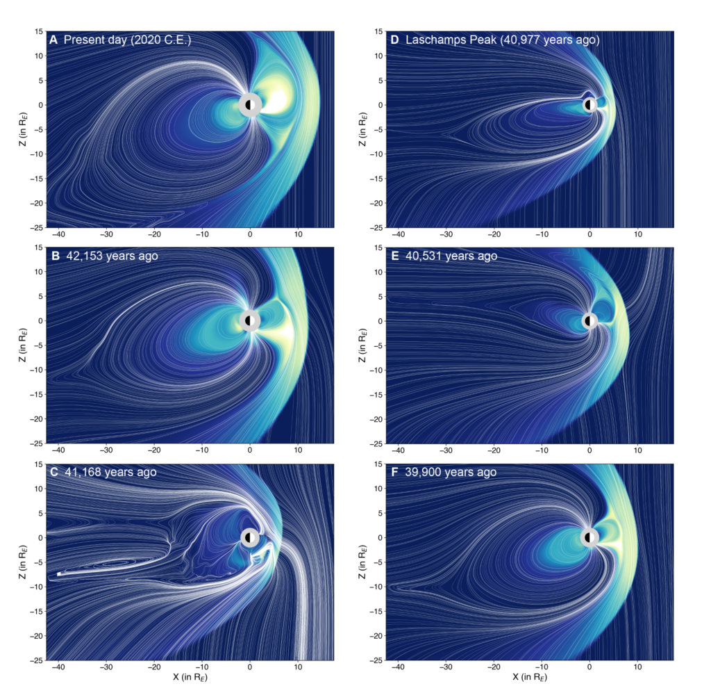 University of Michigan researcher Agnit Mukhopadhyay reconstructed what the magnetic field around Earth may have looked like during the Laschamps excursion, a time period between 42,200 and 41,500 years ago when the north and south poles wandered from their geographic locations. Image credit: Agnit Mukhopadhyay, University of Michigan