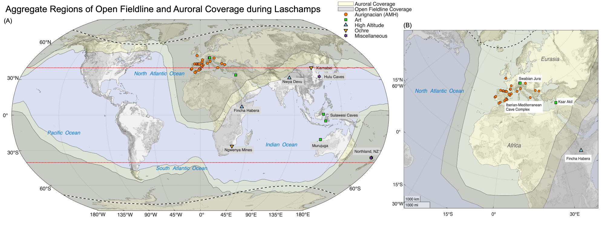 This figure shows a map of the combined coverage of the region where aurora were able to be seen on Earth during the Laschamps excursion, a time period between 42,200 and 41,500 years ago. The map also shows areas of human activity on a global scale. Image credit: Agnit Mukhopadhyay, University of Michigan
