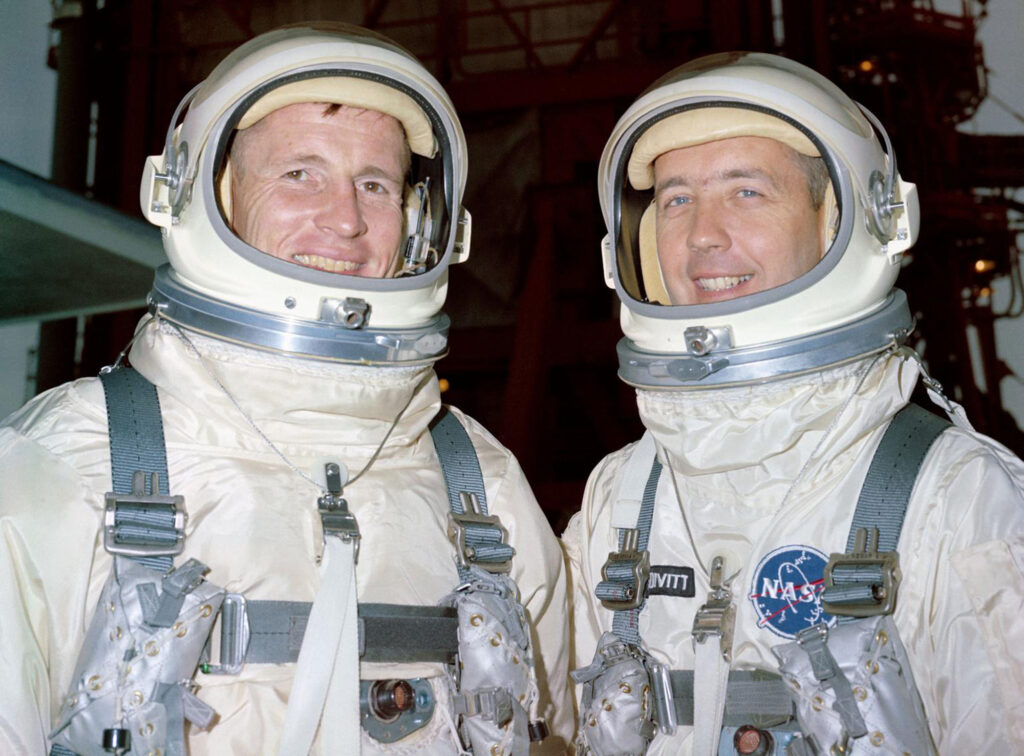 Astronaut Edward White with astronaut James A. McDivitt on June 1, 1965, just days before their Gemini IV mission and White’s historic spacewalk.