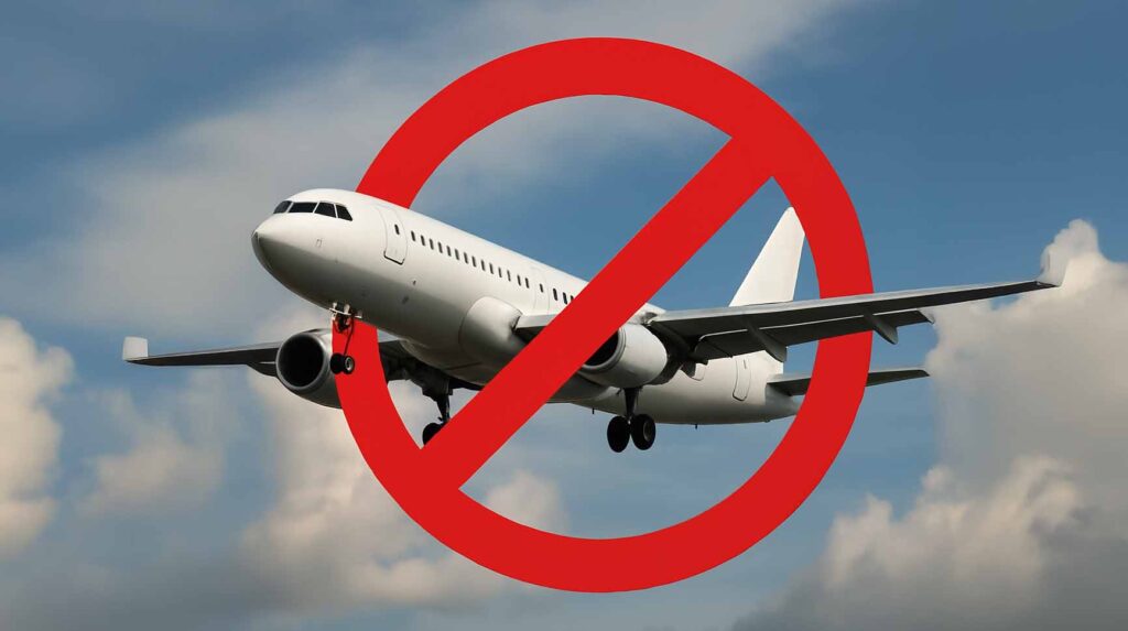 Concept photo of a plane in mid-air with a ban symbol overlaid. Image credit: Nicole Smith, made with ChatGPT