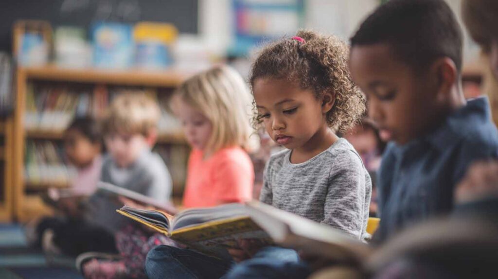 Concept photo of a group of young children reading books. Image credit: Nicole Smith, made with Midjourney