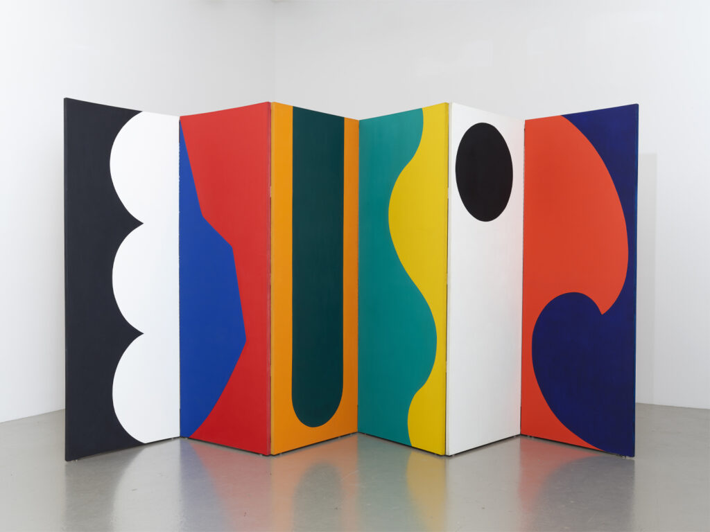 Leon Polk Smith, "Six Involvements in One", 1966 (recto of "Seven Involvements in One", 1966), acrylic on canvas mounted on wood panel, 6 panels: 86 5/8 × 157 1/2 × 1 5/8 inches overall, Private collection. Image courtesy Lisson Gallery, Leon Polk Smith Foundation