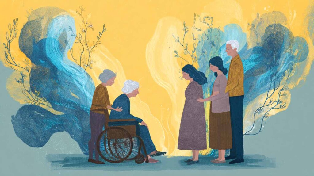 Concept illustration of a family caring for a family member with dementia. Image credit: Nicole Smith, made with Midjourney