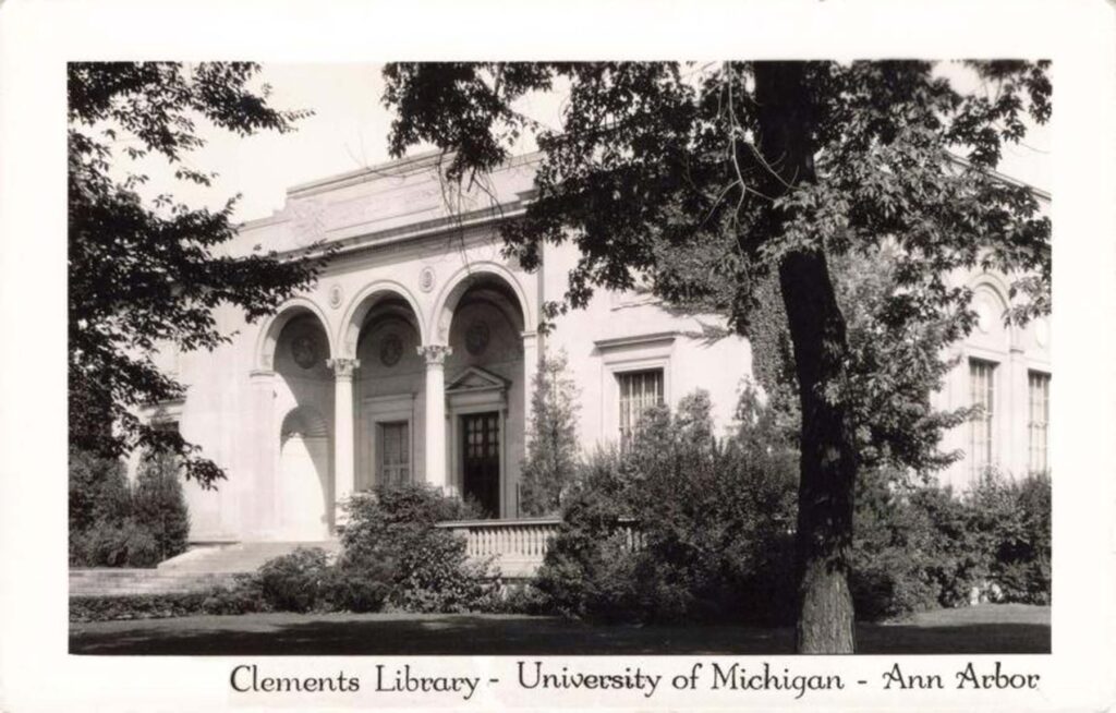 A postcard featuring an image of the southern entrance of the Clements Library. David V. Tinder Collection of Michigan Photography, University of Michigan William L. Clements Library.