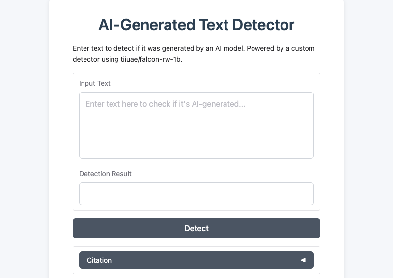 Screenshot of the AI-Generated Text Detector
Enter text to detect if it was generated by an AI model.