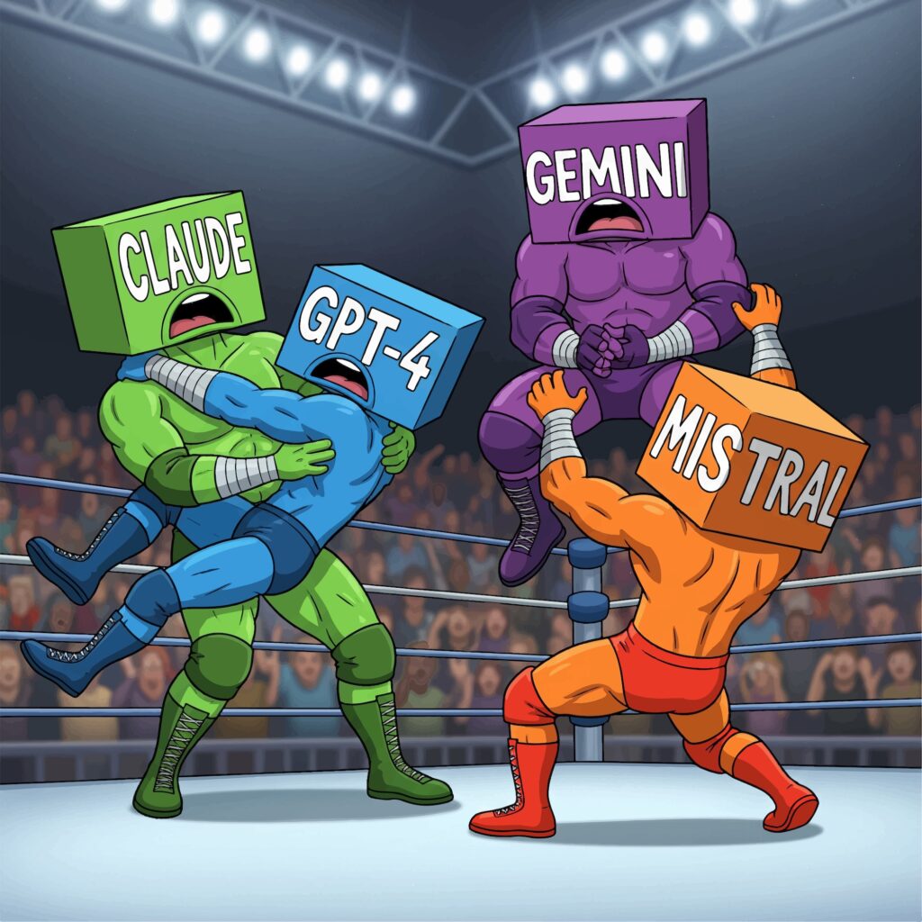 Four wrestlers, each representing a genAI model, compete in a wrestling ring. A green wrestler, representing Claude, grapples with GPT-4 in blue. A purple wrestler, representing Gemini, lunges at Mistral in orange.