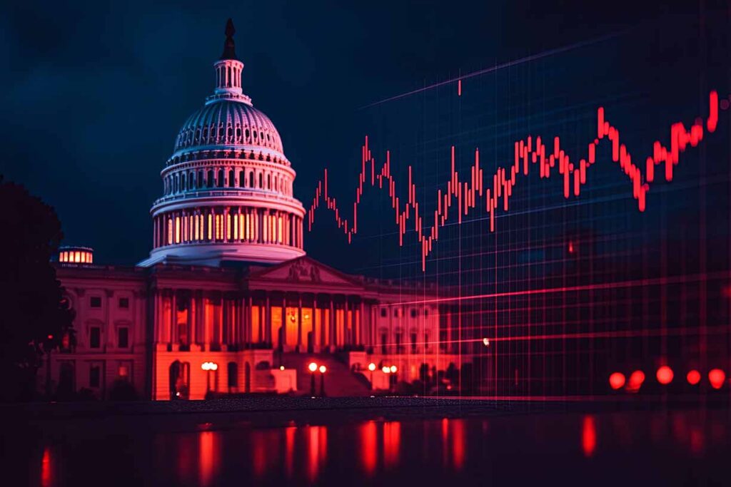 A government building with red market fluctuations on display. Image credit: Adobe Stock, made with AI