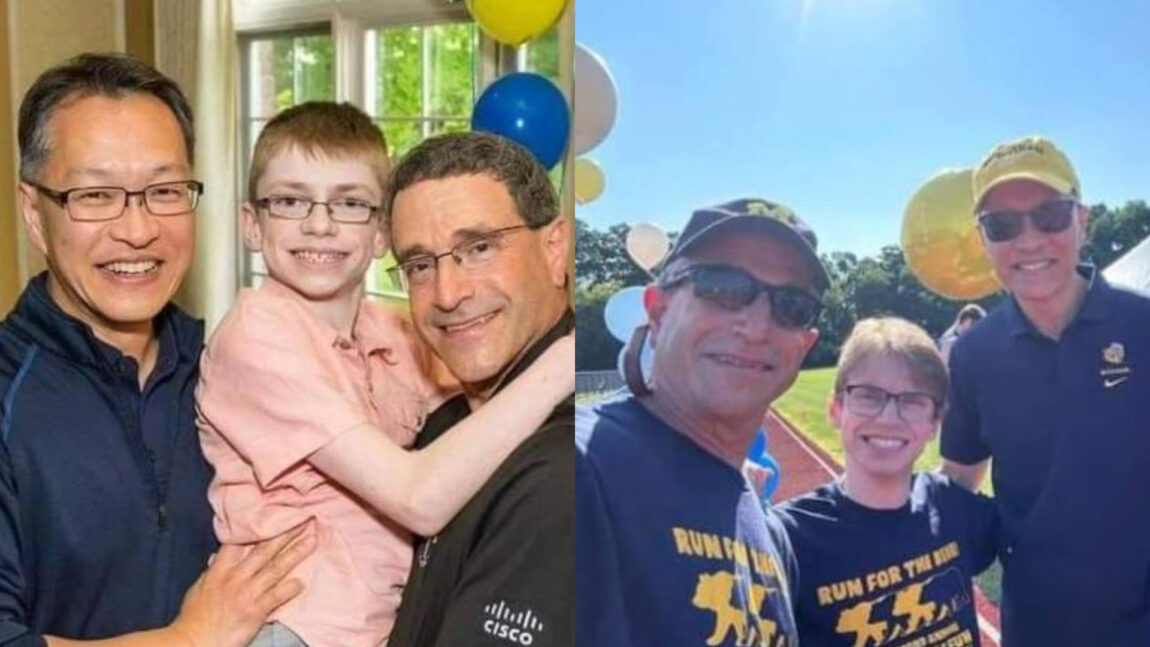 Two photos showing three people standing together
