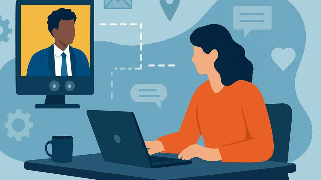 Concept illustration of professional colleagues using technology to work in separate locations. Image credit: Nicole Smith, made with ChatGPT