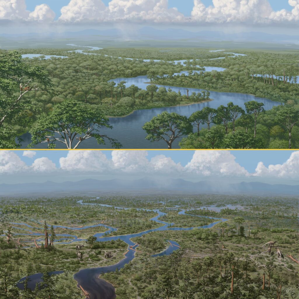 Dinosaurs were "ecosystem engineers," preventing dense forests from growing. Their sudden demise led to widescale ecological changes, according to a University of Michigan study, as represented here in an artistic rendering. Image credit: Julius Csotonyi