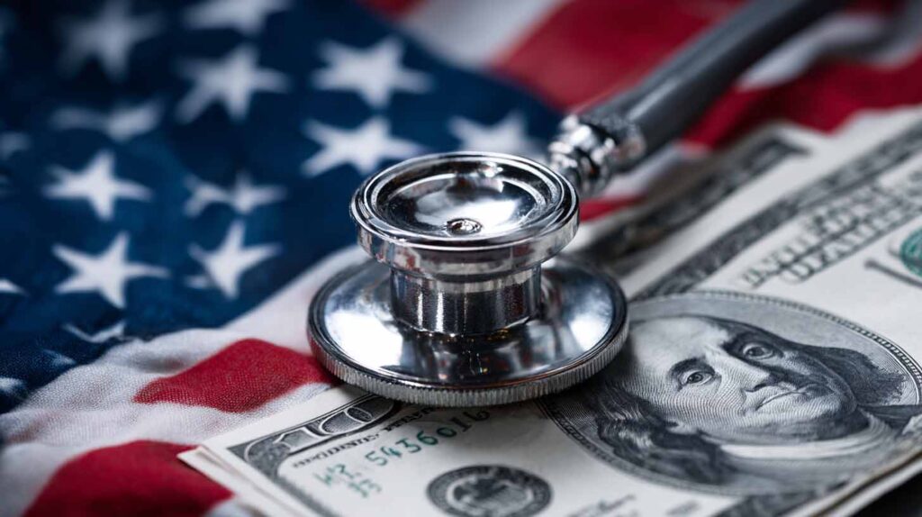 Concept illustration of a U.S. flag with cash and a stethoscope. Image credit: Nicole Smith, made with Midjourney