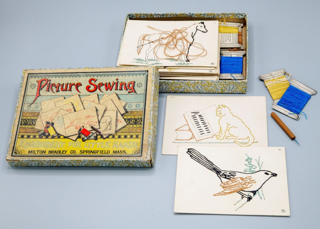 Equal attention was paid to both practical skills and pretend play in popular toys of the 19th and early 20th centuries. These sewing cards helped children develop dexterity and hand-eye coordination. Image credit: University of Michigan William L. Clements Library.