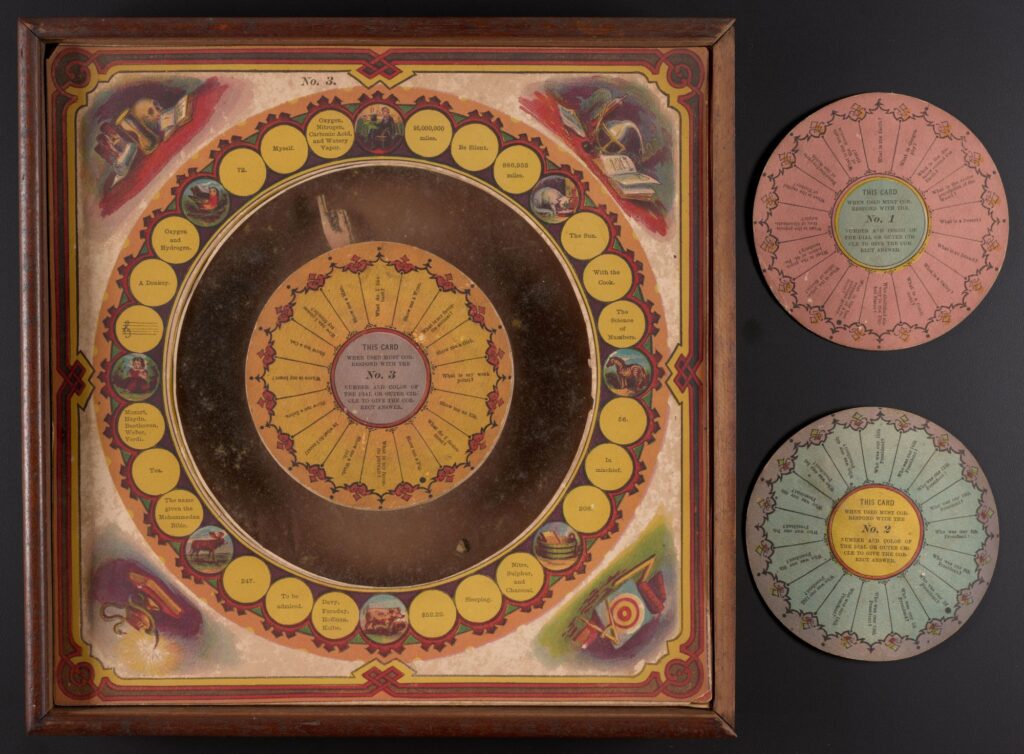 Trivia games have stood the test of time and remain popular with the young and old alike. Chiromagica turns the common trivia genre into an interactive experience, using magnets to have a “magical” hand point to the correct answers. Image credit: University of Michigan William L. Clements Library.