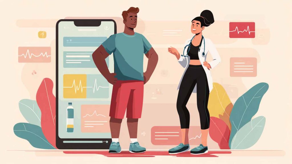 Concept illustration of two people discussing fitness goals with a smart phone and data elements in the background. Image credit: Nicole Smith, made with Midjourney