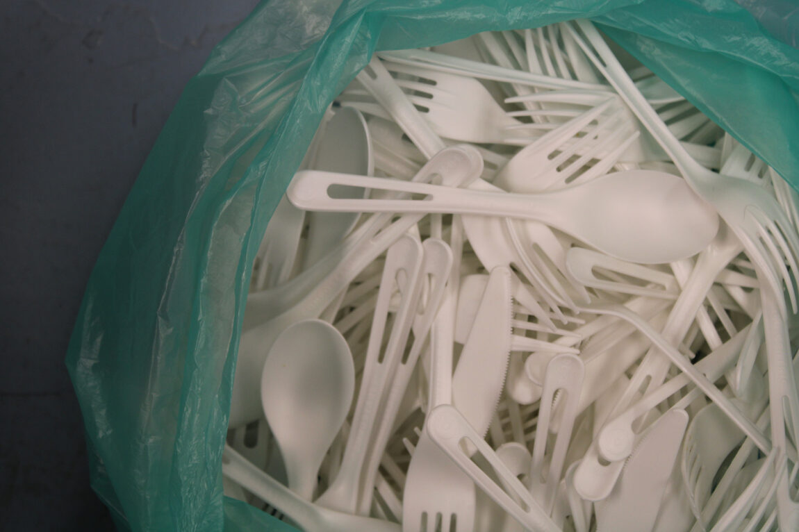 A bag of compostable forks, knives and spoons