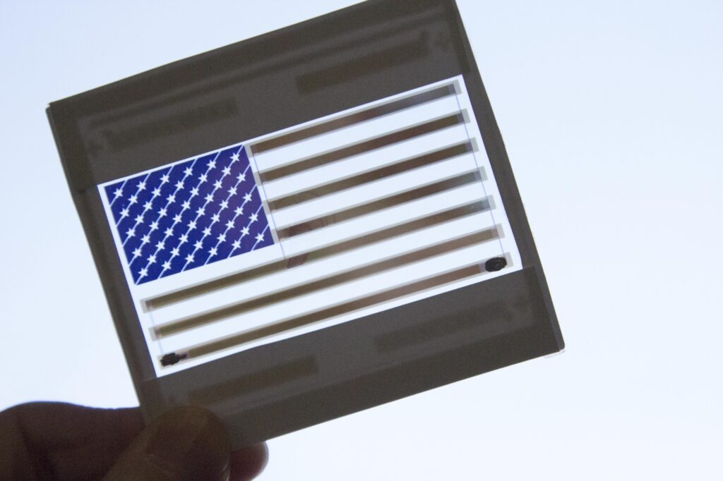 Close-up of the colored solar cells styled as an American flag. Image credit: Robert Coelius, Michigan Engineering