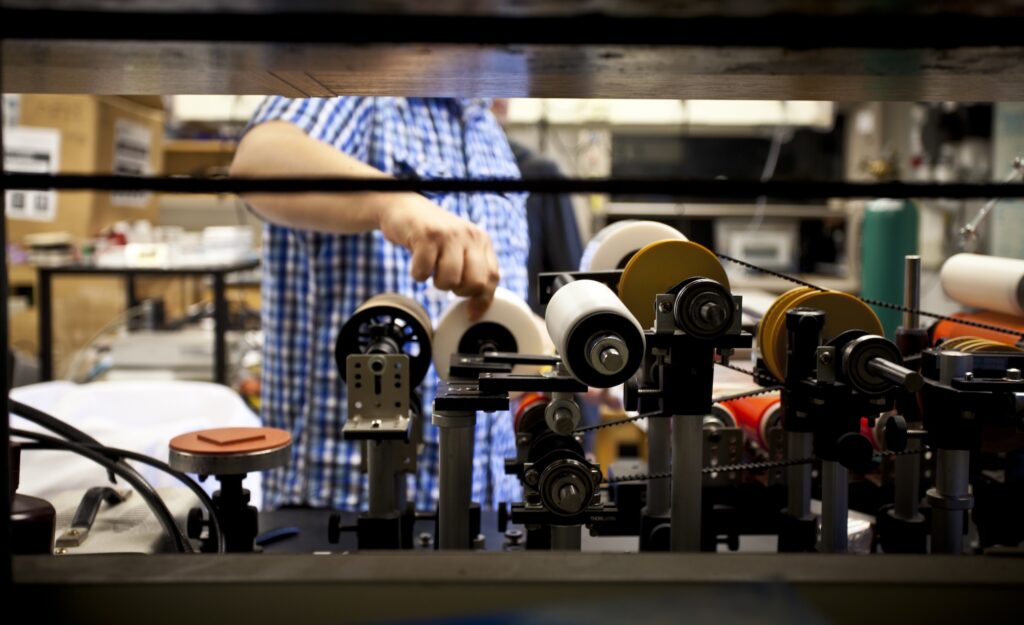 A roll-to-roll nanoimprint setup in Guo's lab in 2012. Image credit: James Grotz, Michigan Engineering