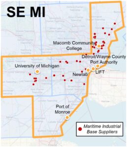 A map marks the important maritime organizations with a southeast Michigan Maritime Prosperity Zone, which is outlined in yellow.