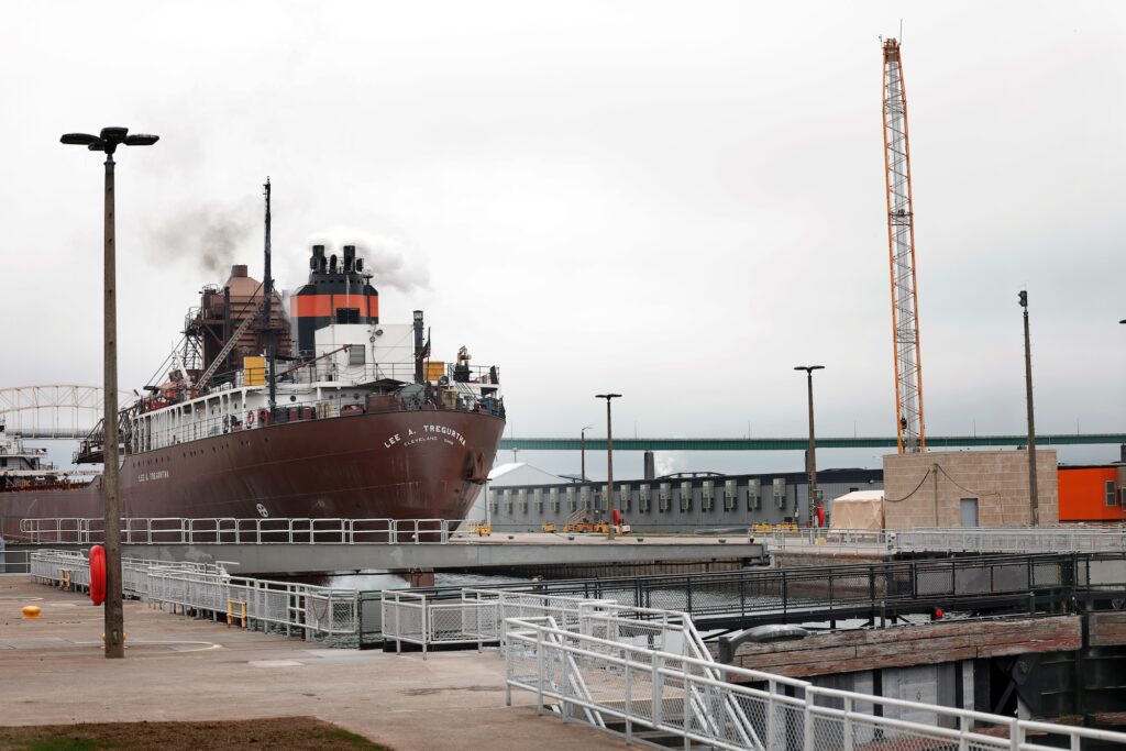 A lake freighter, the Lee A. Tregurtha, makes its way toward Lake Superior through the Soo Locks. Image credit: Brenda Ahearn, Michigan Engineering.