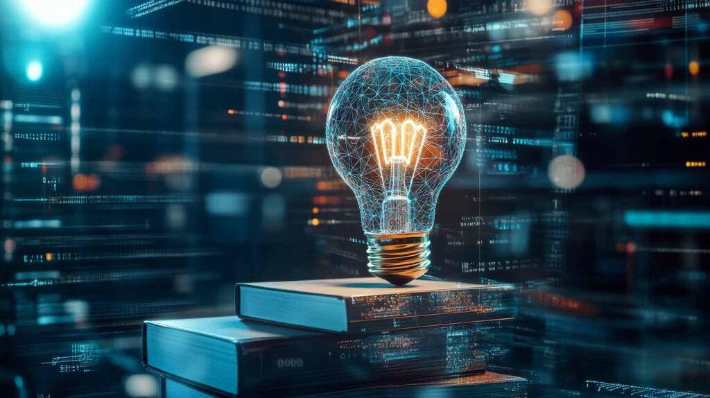 Concept illustration of a cap and light bulb on books, futuristic icons of learning and innovation in classroom setting. Image credit: Adobe Stock, made with AI