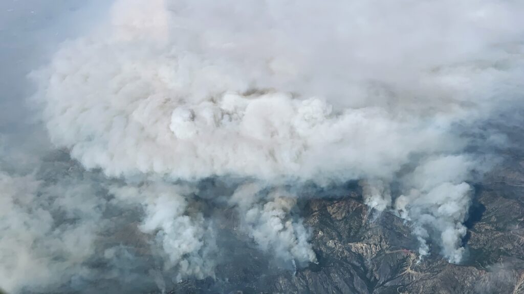 An aerial photograph is almost completely covered by clouds of gray smoke. A few pockets of brown earth and green vegetation can be seen in the San Gabriel Mountains beneath.
