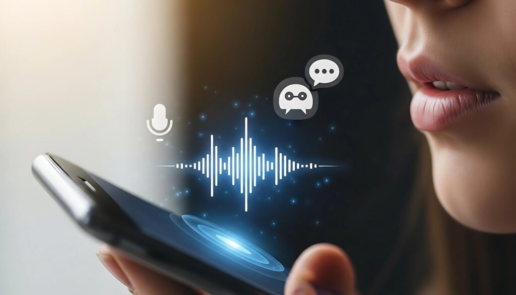 Concept illustration of a person speaking to a smartphone to control an AI virtual assistant. Image credit: Adobe Stock, made with AI