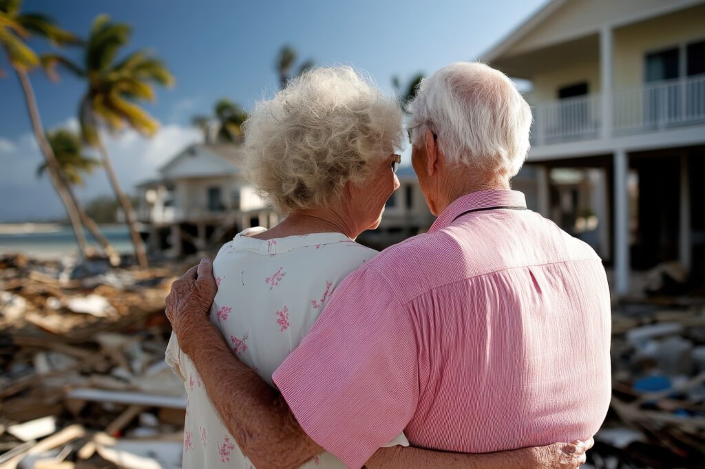 An elderly couple embraces while looking at storm-damaged coastal homes. Image credit: Adobe Stock