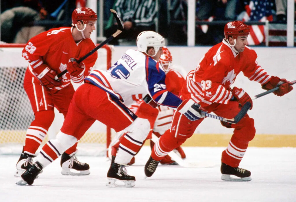 U-M defenseman David Harlock in a game at the Olympics playing for the Canadian team. 