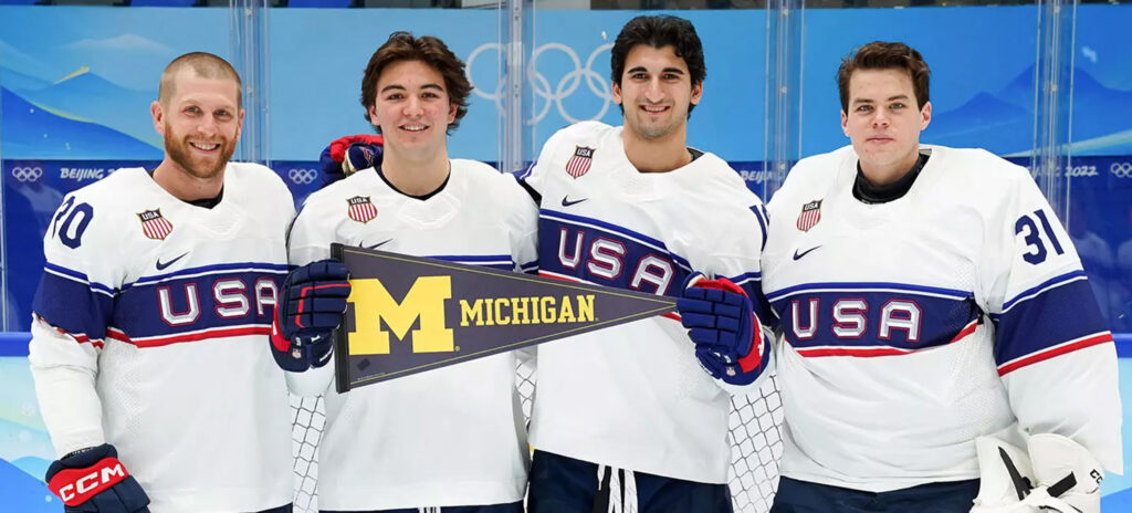 U-M’s 2022 Team USA Ice Hockey Olympians (from left): Steven Kampfer, Brendan Brisson, Matty Beniers, Strauss Mann. 