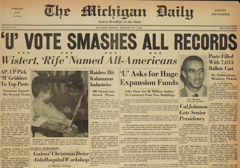 The Michigan Daily’s Dec. 2, 1948, cover announcing Val Johnson as U-M’s new senior class president.