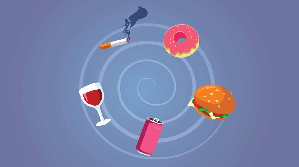 Concept illustration of the cycle of addiction to food, cigarettes and alcohol. Image credit: Adobe Stock