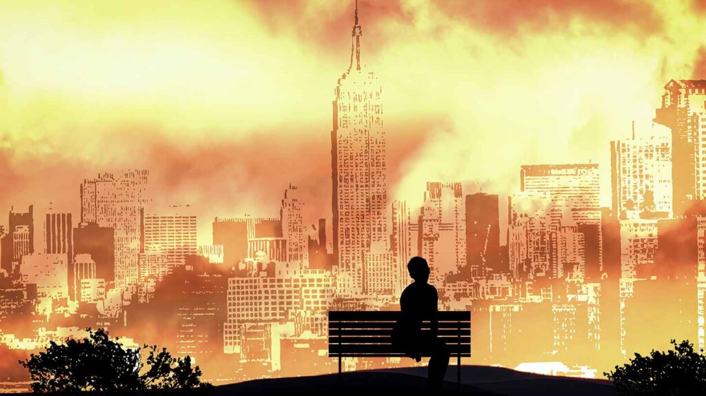 Concept illustration of loneliness with a person sitting on a bench against a grungy cityscape. Image credit: Adobe Stock