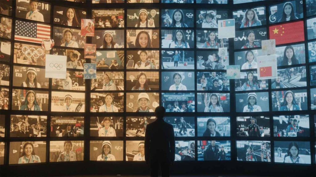 Concept photo of a person observing a wall of television screens displaying olympic games broadcasts, representing media influence on public opinion and societal manipulation. Image credit: Nicole Smith, made with Gemini