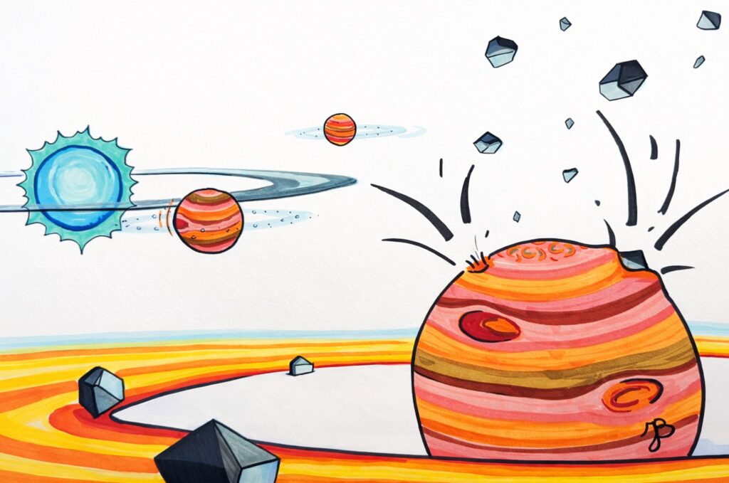 Three gas giant planets resembling Jupiter with swirls of yellow, pink, orange and maroon are various distances from a glowing blue star in this illustration of the HR 8799 system. Pieces of rocky debris are seen crashing into the gas giant in the foreground and in its Saturn-like rings, indicating this giant formed with a solid core that then accreted gas to grow to its giant size.